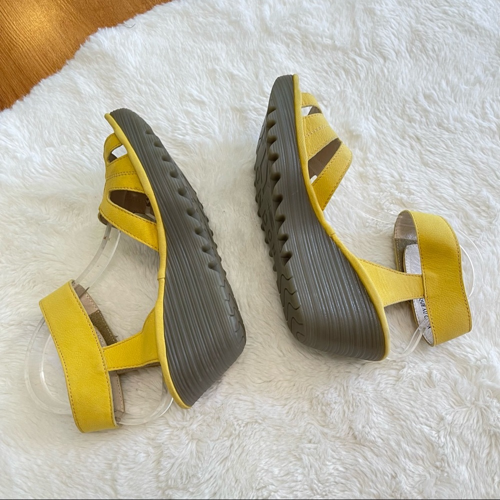 Fly London Light Yellow Leather Wedge Sandals - Picture 9 of 11
